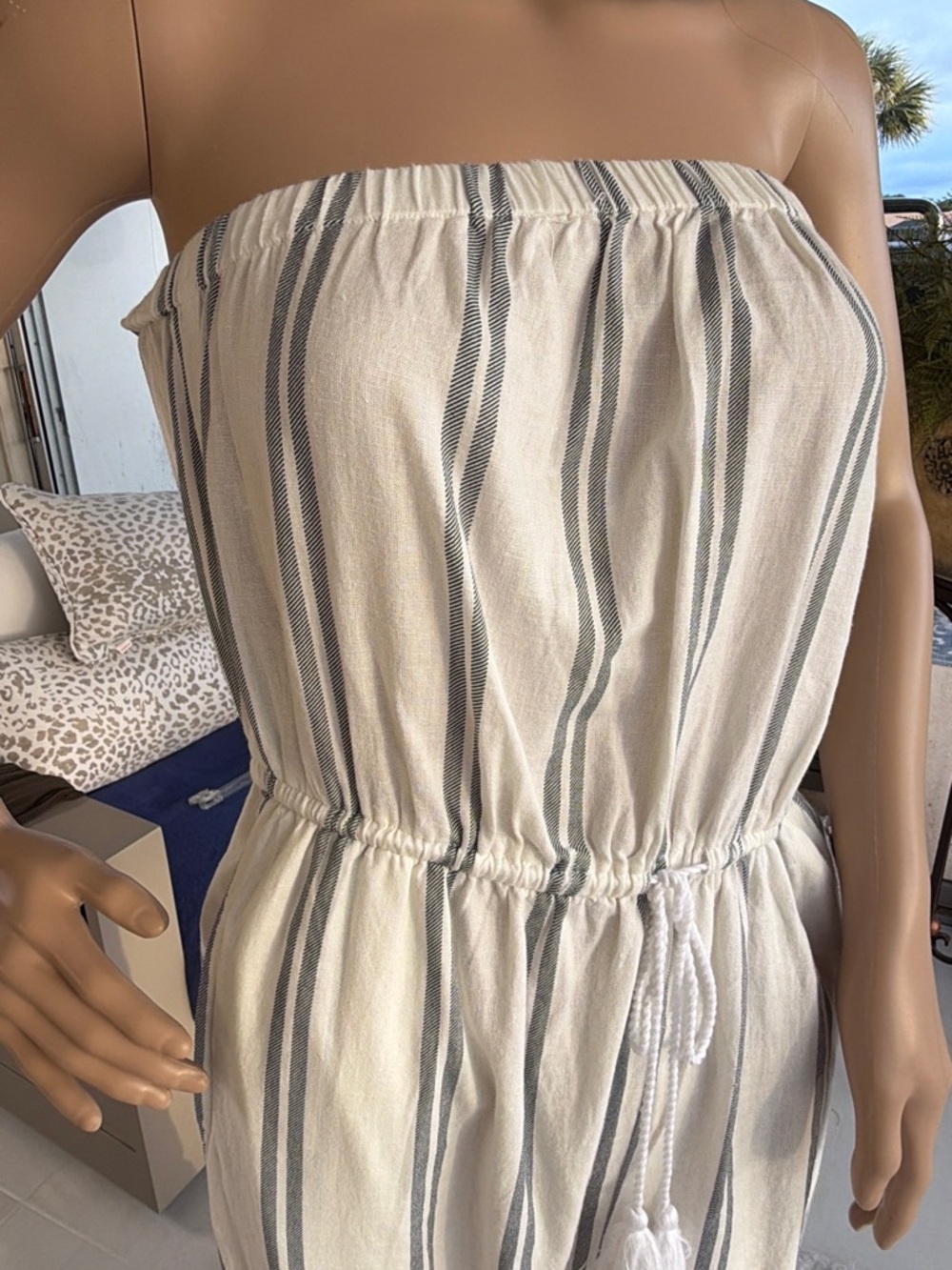 Japna Strapless Vertical-Stripe Jumpsuit in White and Charcoal Grey - Picture 9 of 10